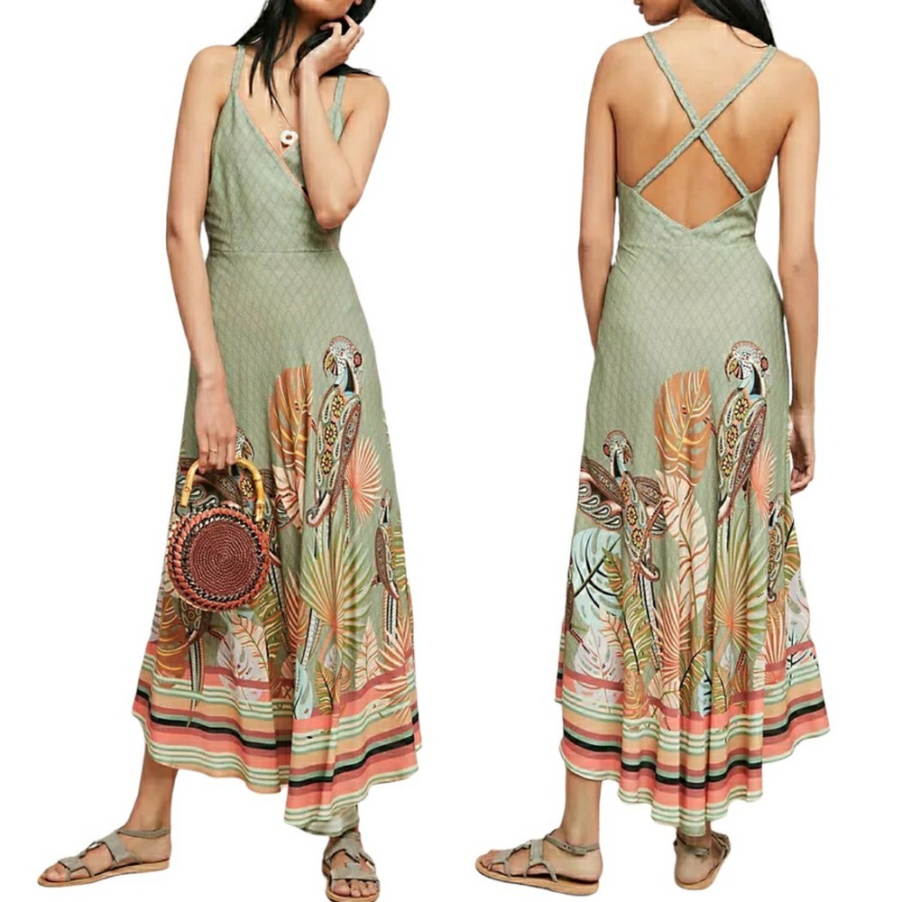 FARM RIO Anthropologie Toucan tropical green maxi dress Size XSP